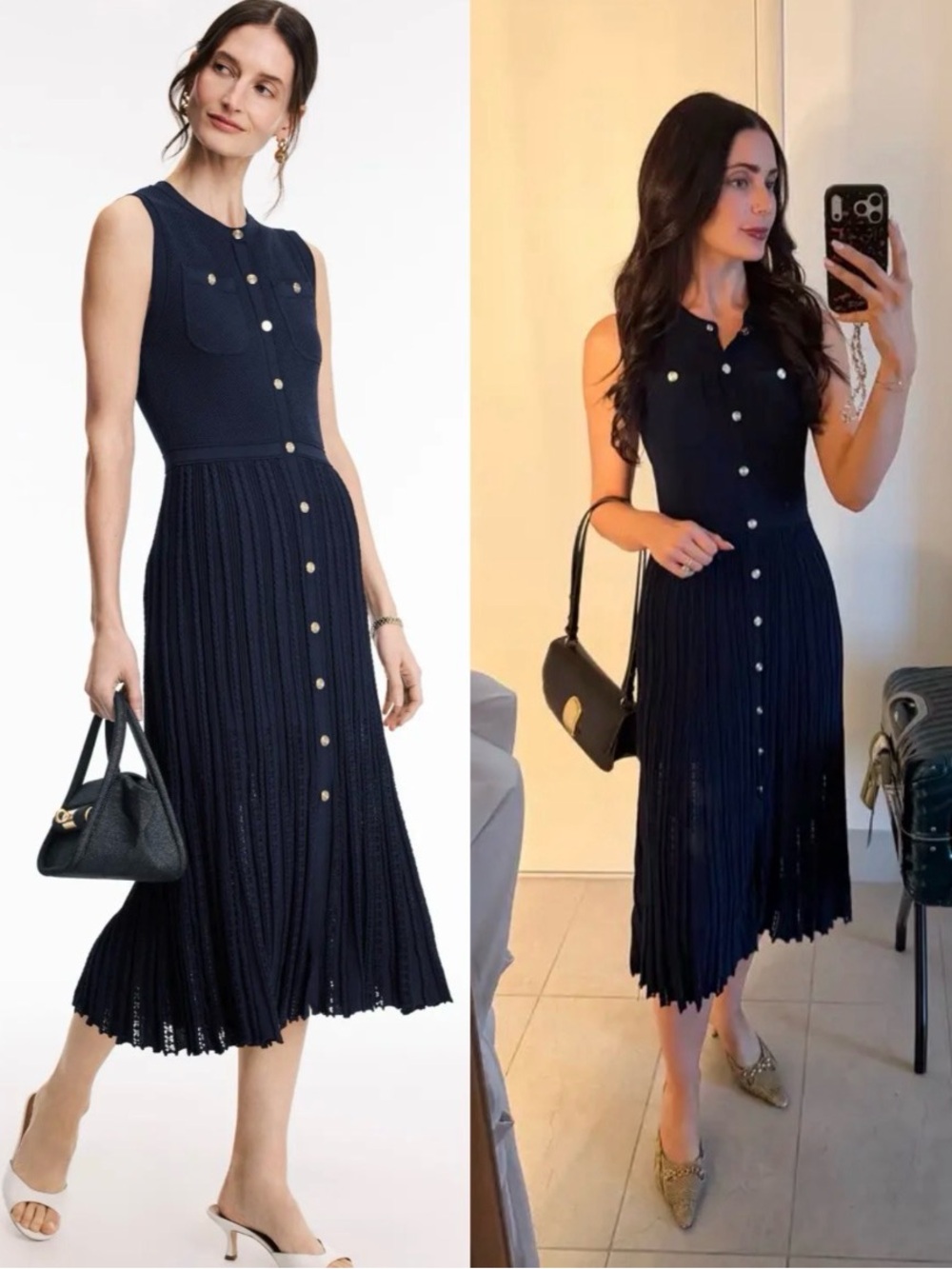 Maje Navy Sleeveless Knit Midi Dress Sleeveless Navy chic gold buttons sz US 10